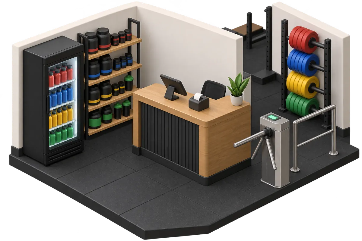 Illustration of a gym front desk with an entry turnstile, a drinks fridge and a supplement shelf